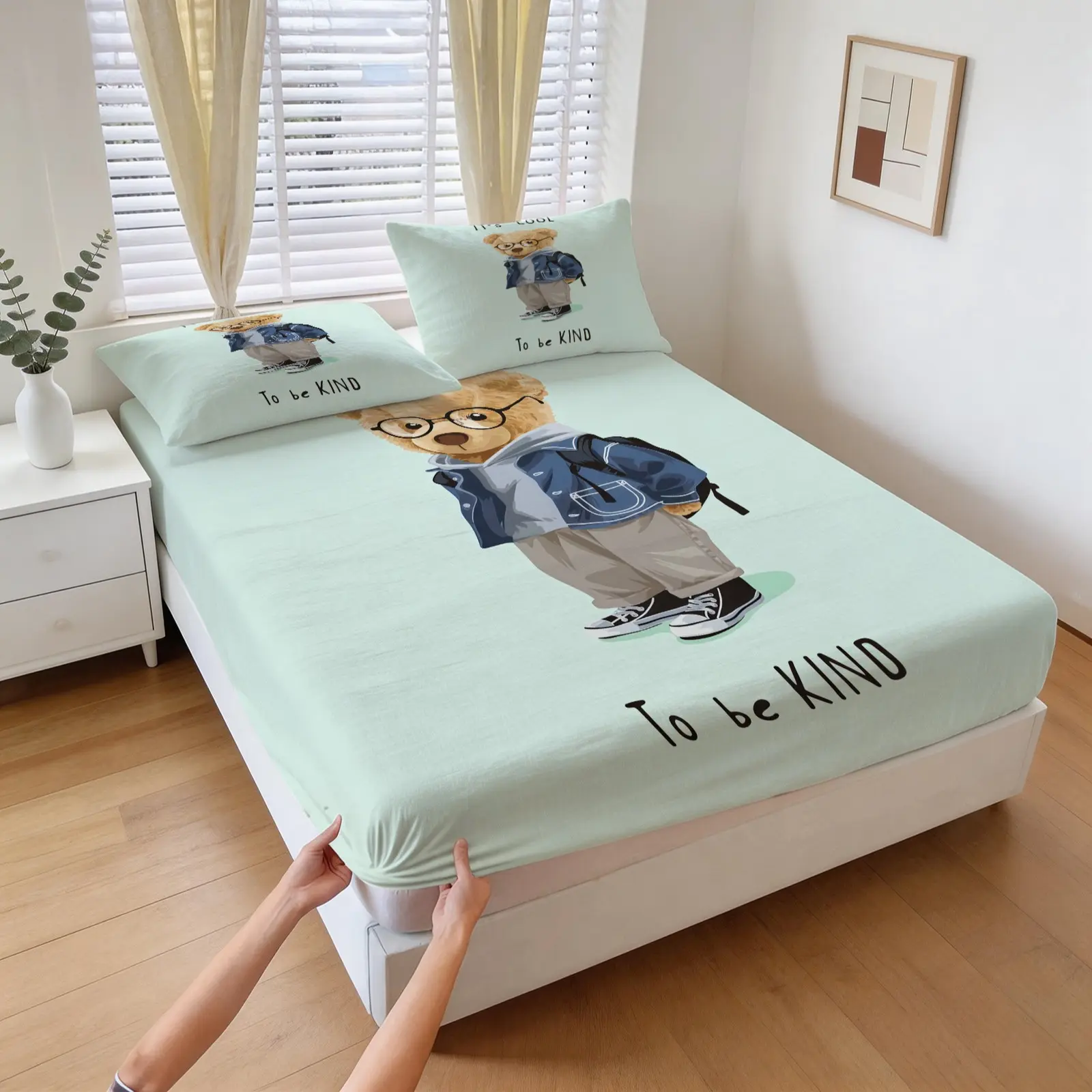 3-Piece Set Of Teddy Bear Patterned Bed Sheets, Including 1 Bed Sheet And 2 Pillowcases, Soft And Comfortable Bedding, Non Slip And Dust Cover, Suitable For Bedrooms And Guest Rooms