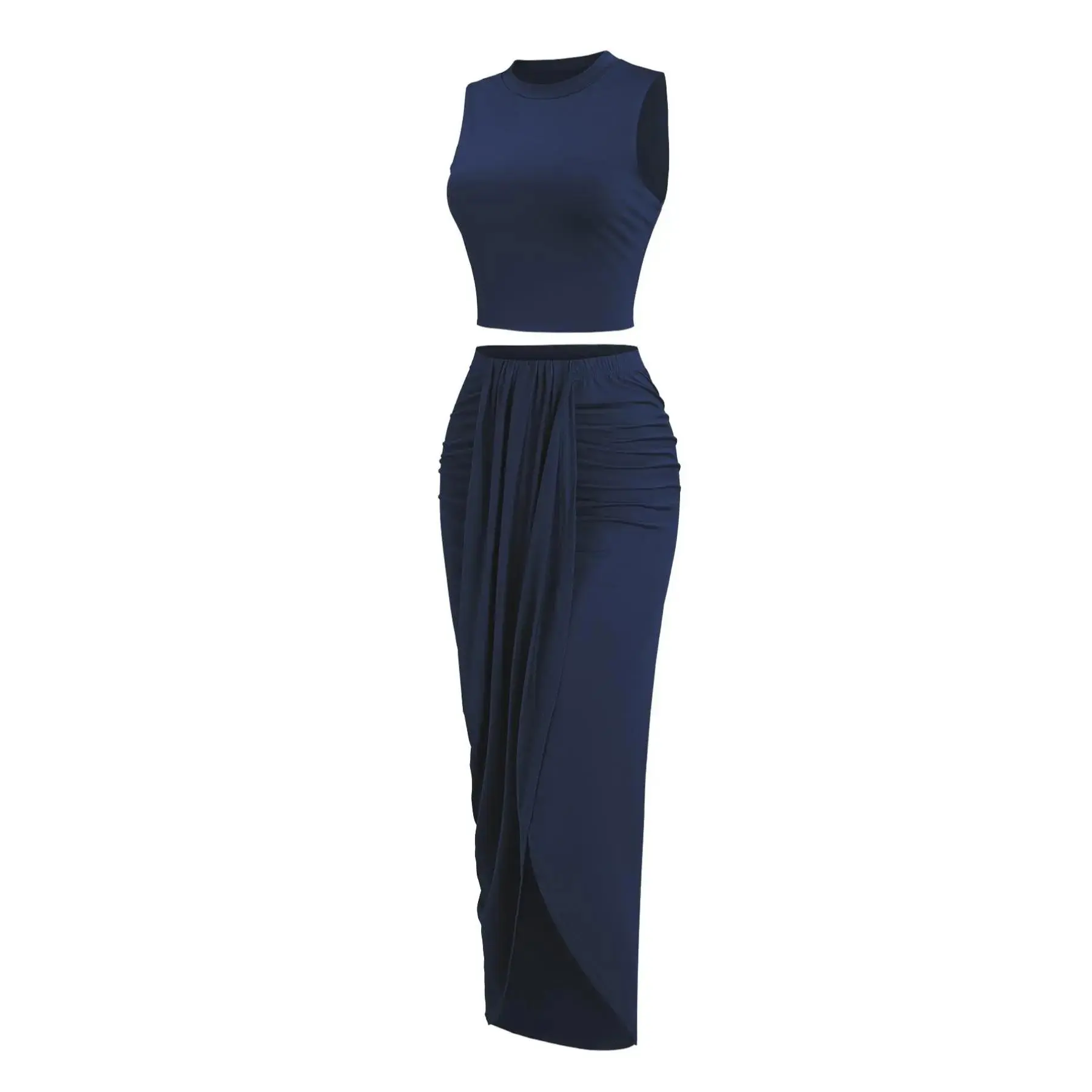 Women's Chic Solid Crop Tank Top & Ruched Asymmetrical-Hem Split Skirt Set, Casual Mock-Neck Sleeveless Top & High-Waist Wrap Skirt, Cute Summer Outfit
