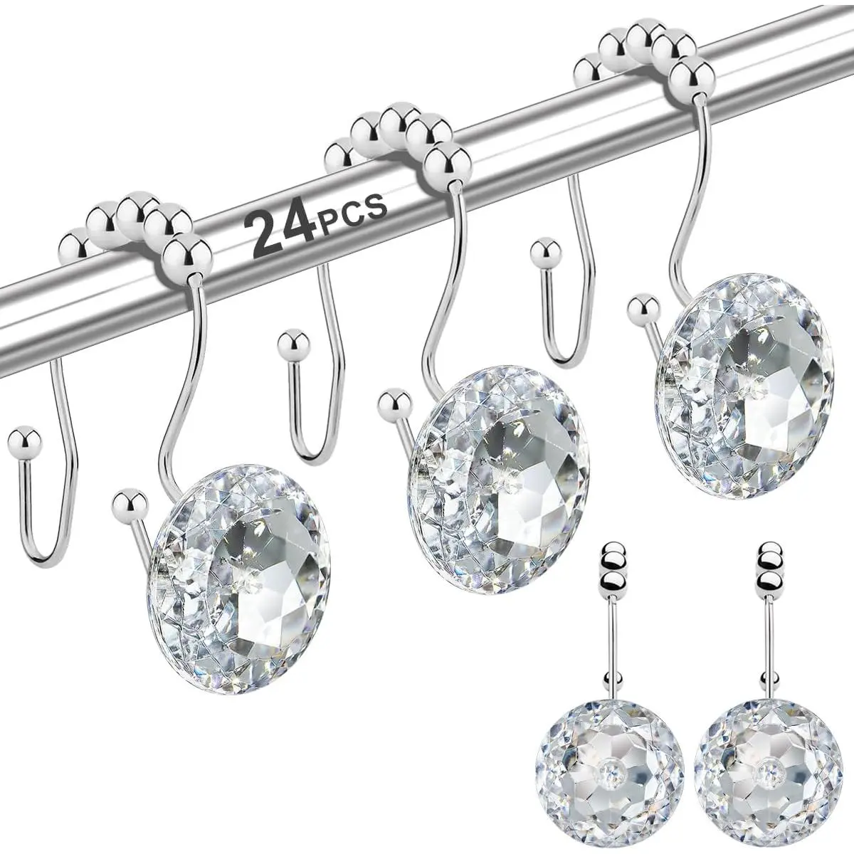 Shower Curtain Hooks Rings for Bathroom, 12PCS Double Hooks Glide Anti Rust Crystal Rhinestones Shower Curtain Rings Hangers for Shower Curtains, Clothing, Towels, etc. (Clear)