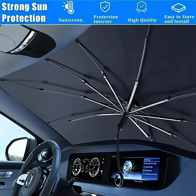 High-quality silver car sunshade |   Front windshield heat shield & UV protection, roller blind design for easy storage |   Compatible with all car models, ideal for summer and warm weather, a great gift for car enthusiasts