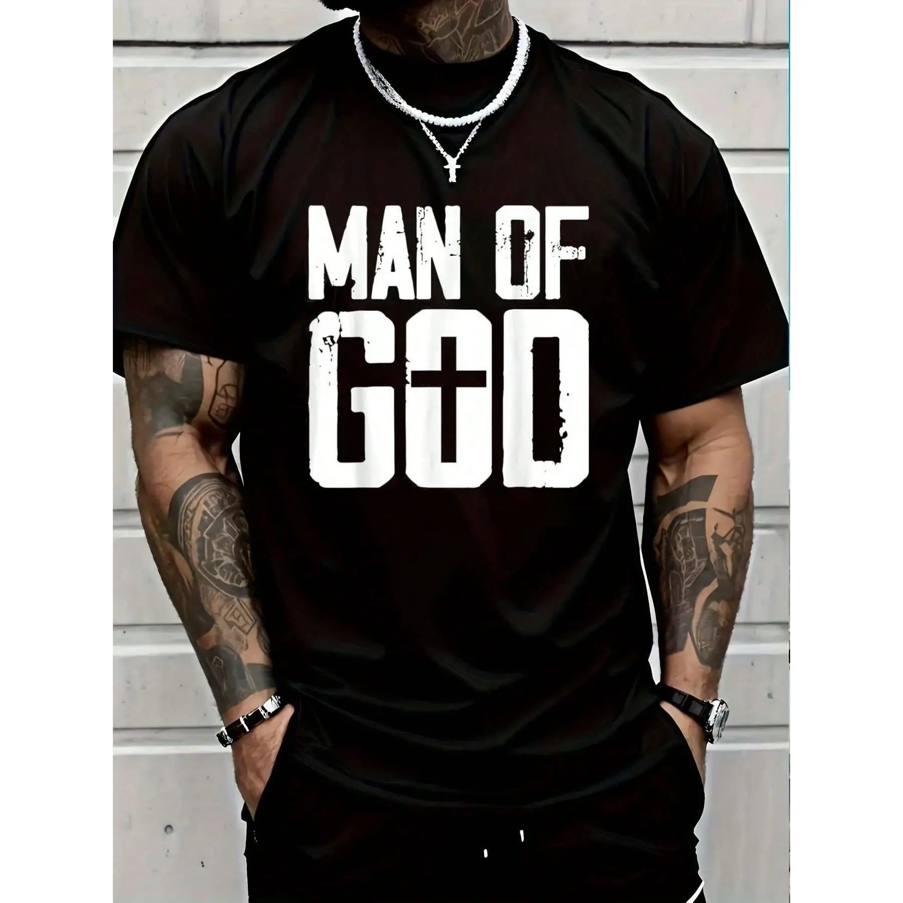 Man of God Cross Print Good Graphic Tee Oversized Men'S Relaxed Short-Sleeve Tee 100% Cotton Religious Meme Tee