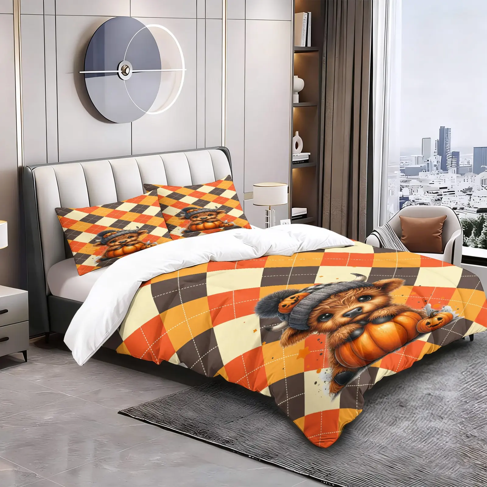 Plaid Highland Cow Pattern Quilt Cover Set, Soft And Comfortable Bedding Set, Including 1 Quilt Cover And 1 Or 2 Pillowcases (Without Filling), Suitable For Teenagers And Adults, Bedroom, Apartment, Dormitory Scene