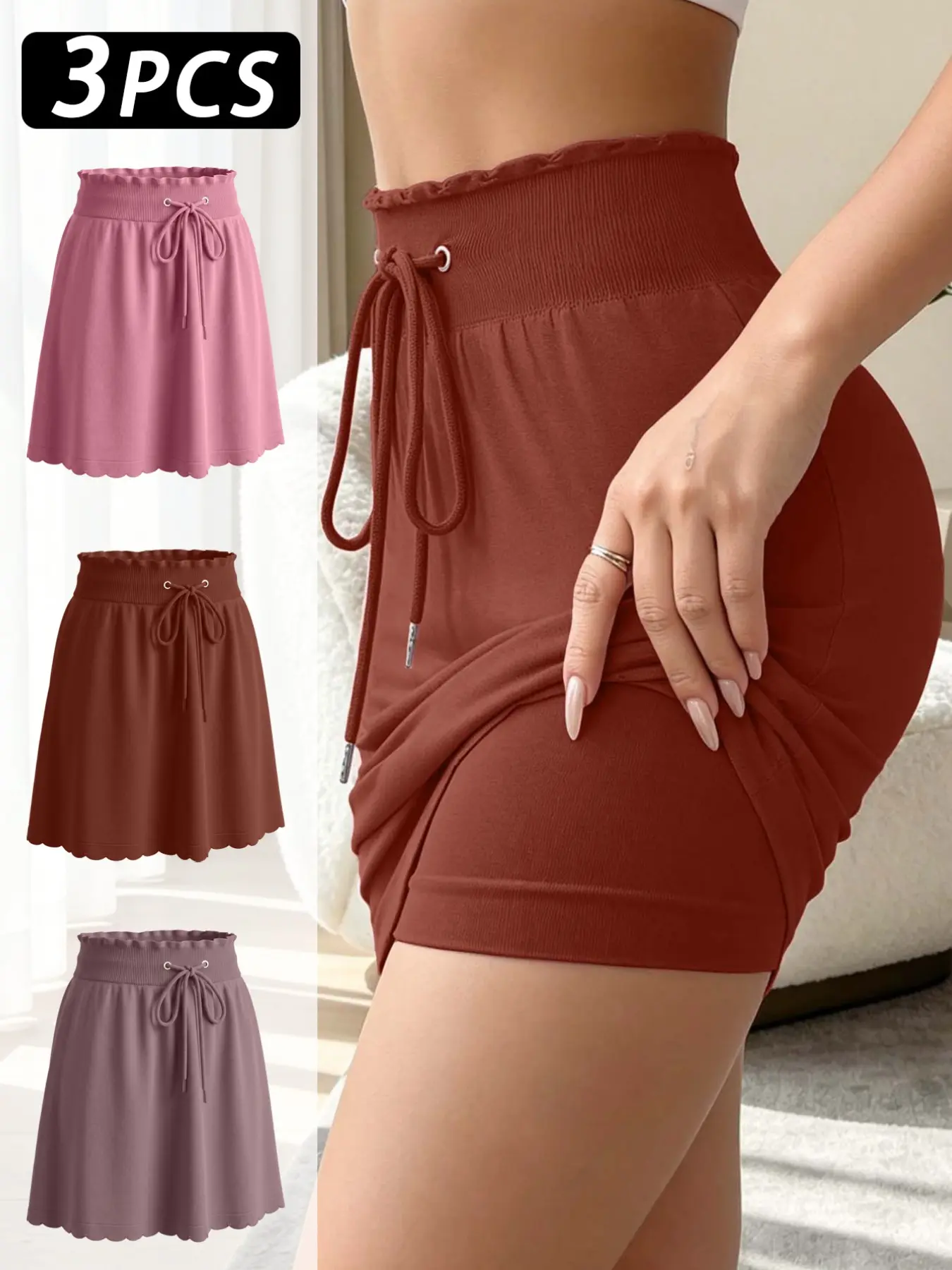 3PCS Multi Color High Waist Mini Skirt, Adjustable Drawstring Ruffle Hem, Invisible Anti Chafing Liner Shorts, Versatile Office Loungewear Casual Skirts, Skirts With Shorts Underneath