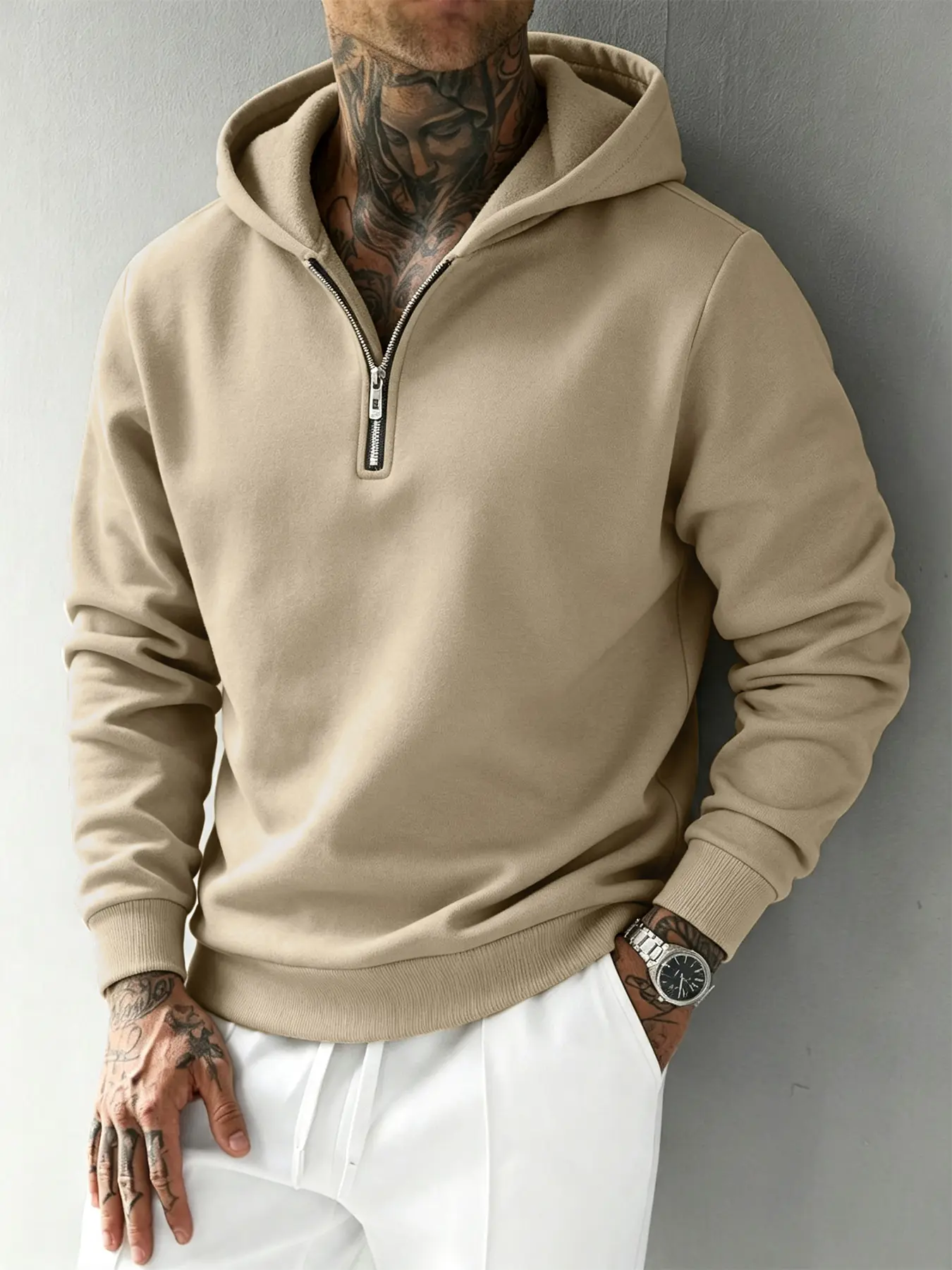 Men's Plain Half Zip thermal fleece Essentials Hoodie,Men‘s Quarter Zip Pullover Hoodie - Solid Color Long Sleeve Hooded Sweatshirt with 1/4 Zip Collar, Regular Fit Casual Top for Commute Travel Lounging, Christmas Gift for Men