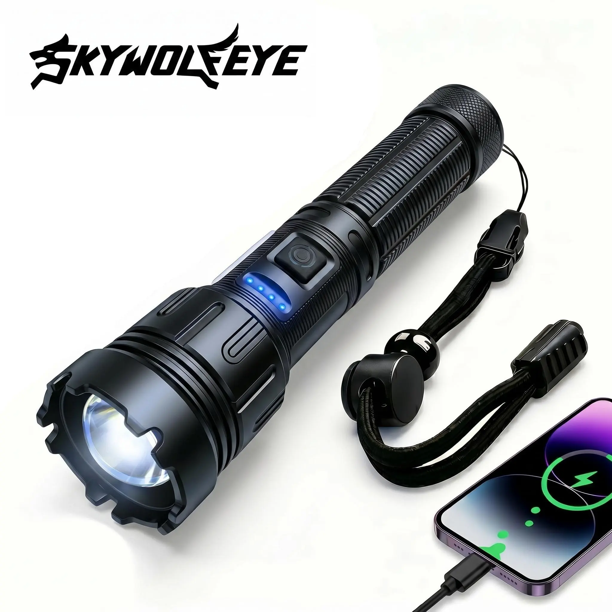 SKYWOLFEYE L377 Tactical Durable Aluminum Alloy LED Flashlight, Rechargeable Super Bright 1200 Lumens, Zoomable Stable Long-Lasting 10H Runtime with Cells for Camping, Car Emergencies, Led Light, Hiking / Light Outdoor