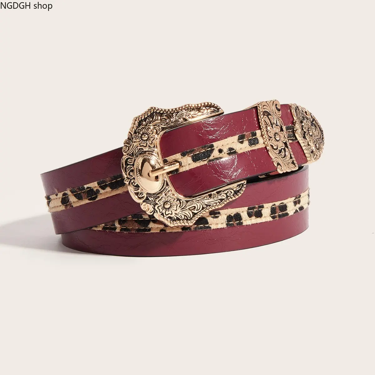 Western Red Belt - Leopard Print Leather Buckle Belt for Women, Ornate Gold Floral Hardware, Trendy Y2K Boho Casual & Festival Fashion Accessory