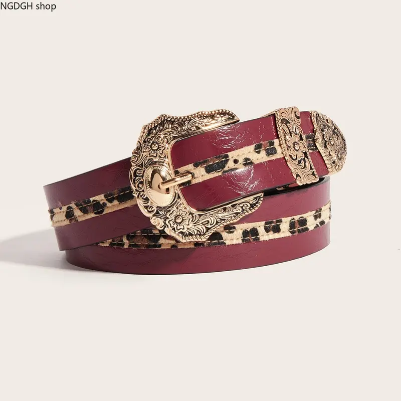 Women's Western Style Belt - Leopard Print Leather Bucklebelt, Ornate Gold Floral Fashionable Buckle Decorated Casual Dress Belt, Y2K Boho Festival Accessory for Sports & Outdoor Clothing Sets