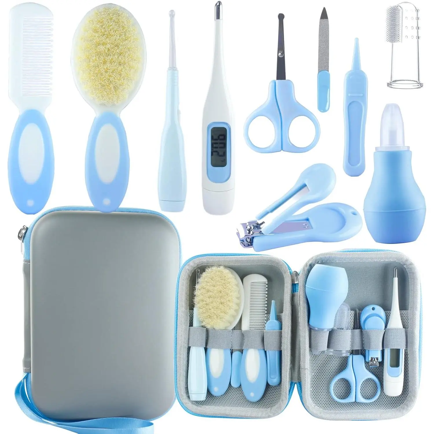 Baby Grooming Kit, Baby Essentials  Newborns, Portable Baby Care Kit, Contains Baby Nail Clippers, Baby Comb, Baby Brush, Baby Ear Wax Removal Tool and More (10 in 1) (Blue) New model colorful