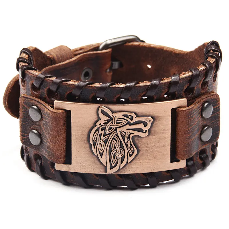 Men's Wide Alloy Charm Wolf Head Bracelet - Calveskin Woven Strap, Cross-Border Hot-Selling, Manufacturer Wholesale Fashion Accessory, Wide Bracelet