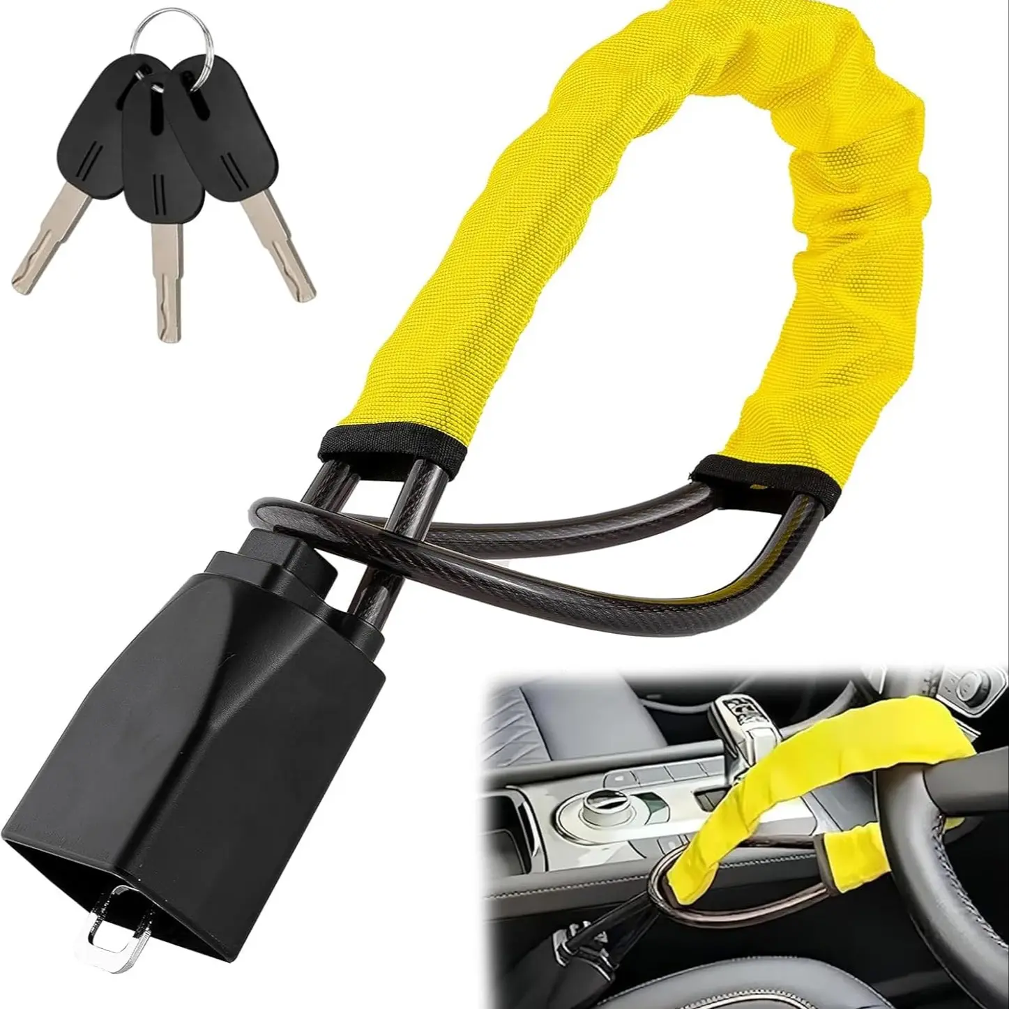 Steering Wheel Lock,Car Steering Wheel to Seat Belt Locks,Heavy Duty Universal Steering Locks High Visibility Car Lock Anti-Theft Device,3Keys (Yellow)