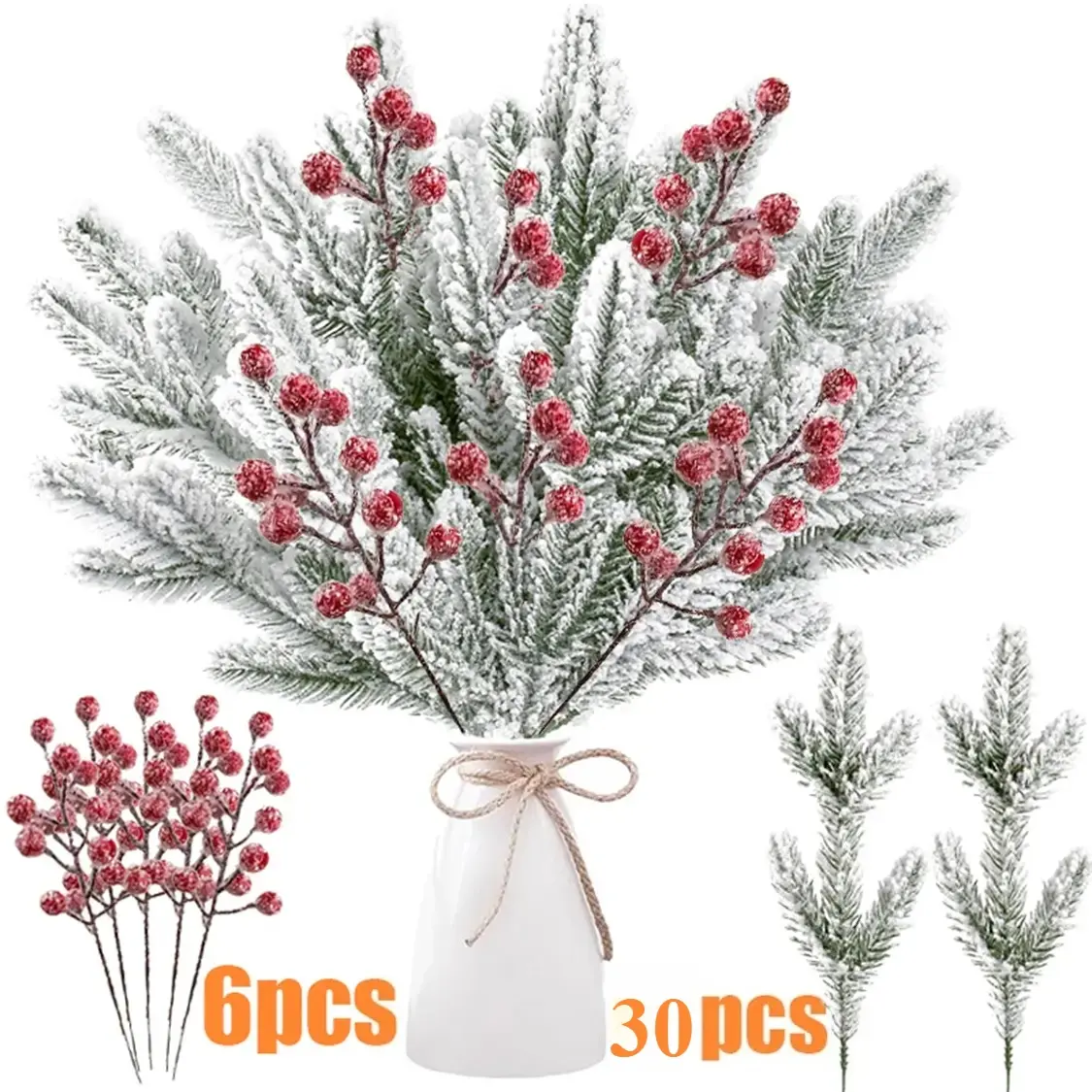 30 pieces + 6 pieces of snow-effect artificial Christmas decoration set - 30 fake pine needles, 6 red berry branches, decorated with snow-covered artistic flower thorns, suitable for DIY wreaths, flower arrangements, and home gardening decorations.