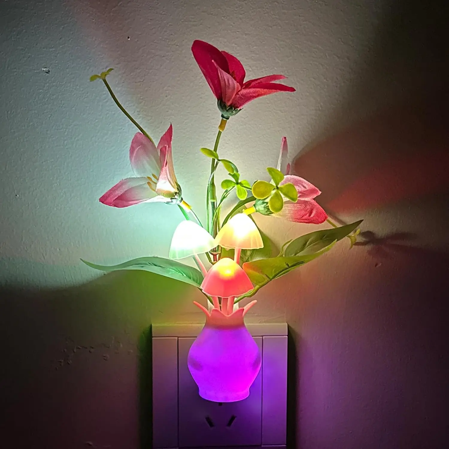 Plug-in Night Light with Auto Sensor, RGB LED Mushroom Wall Lamp, 1W Energy Efficient for Kids Room, Bedroom, Nursery, Lounge, Hallway and Stairs