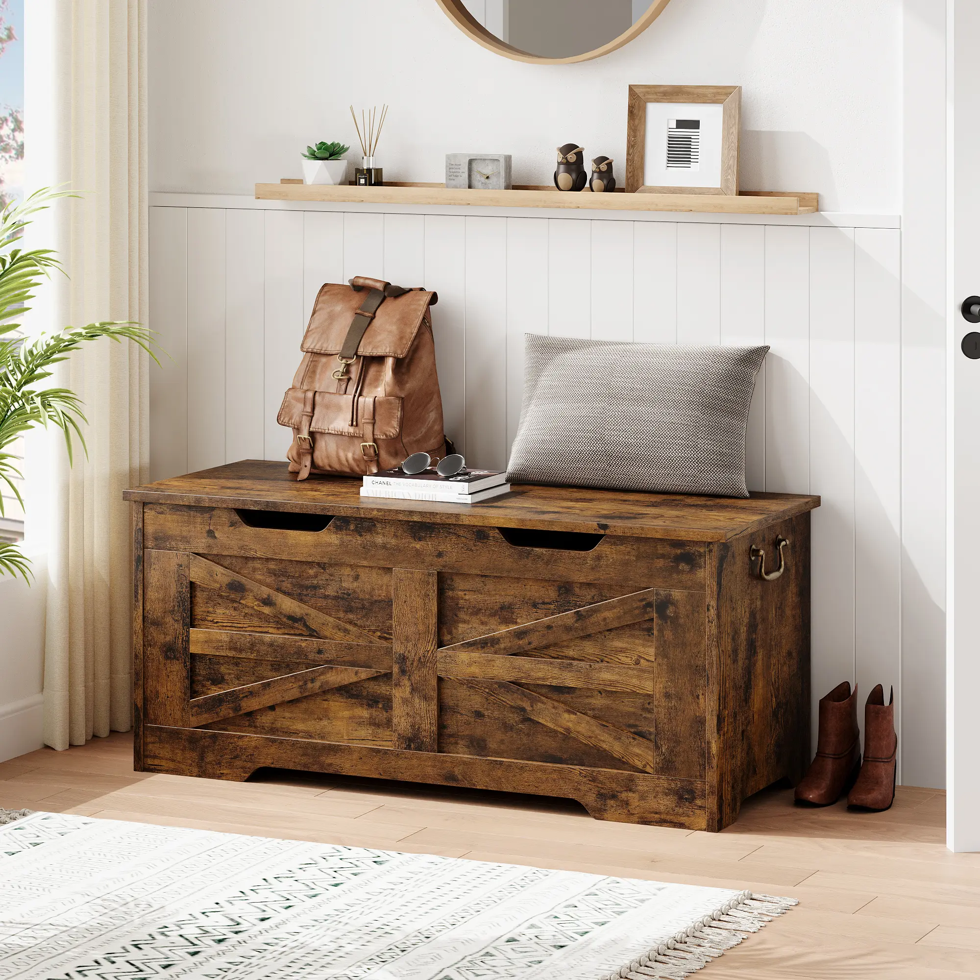 Farmhouse Wooden Storage Bench with Safety Hinged Lid, 39.4 Inch Large Capacity Chest for Shoes Blankets and Home Decor, Entryway Organizer Available in Greige White and Rustic Brown,dorm essentials