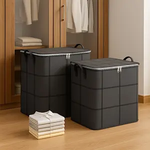 2/4Pcs Black Foldable Wardrobe Storage Box, Stackable Large Capacity Organizer Bin, Thickened Quilt Clothes Storage Bag with Double Zipper & Handle, Space Saving Foldable Packing Bag for Moving Travel Under Bed Home Sundries Storage