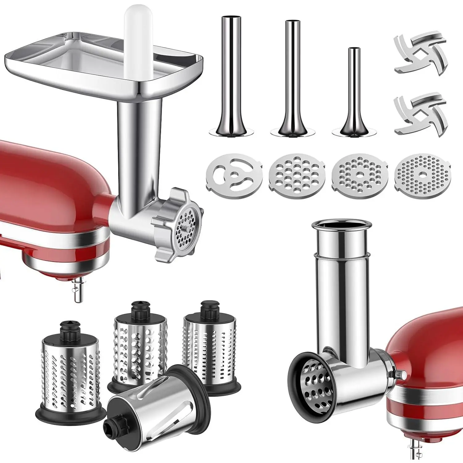 Meat Grinder & Stainless Steel Slicer Shredder Attachment for KitchenAid | Sausage Stuffer, Food Slicer, Shredder, Cheese Grater & Salad Maker, 4 Plates, 4 Blades, Food-Grade Metal