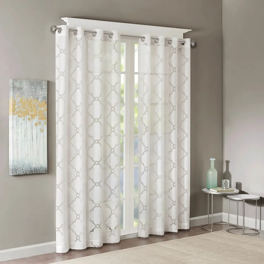 Nokaa Fretwork Burnout Sheer Curtain Panel, Light Filtering Window Treatment, Polyester Sheer Drape for Living Room Bedroom Bathroom, Silver Grommet Top, 50x63 Inches, White, Single Panel