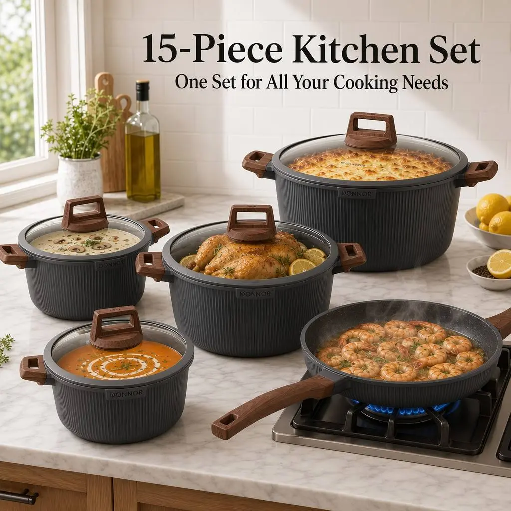 15 Piece Vertical Stripe Ceramic Non-Stick Cookware Set, PFOA Free, 7.9/9.4/11/12.6 Inch Deep Pots & 11 Inch Deep Frying Pan, Complete Kitchen Cookware with 5 Silicone Lids, 3 Pot Protectors, 2 Silicone Spatulas, Compatible with All Stovetops