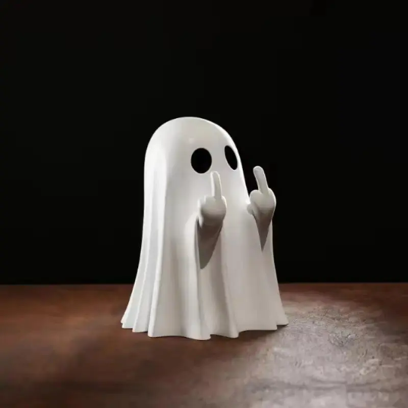 Funny Middle Finger Ghost Statue - Playful Horror Ghost Theme Figurine, Quirky Gesture Indoor Decor, Halloween Ornament for Desk/Door, Home Decor Gift
