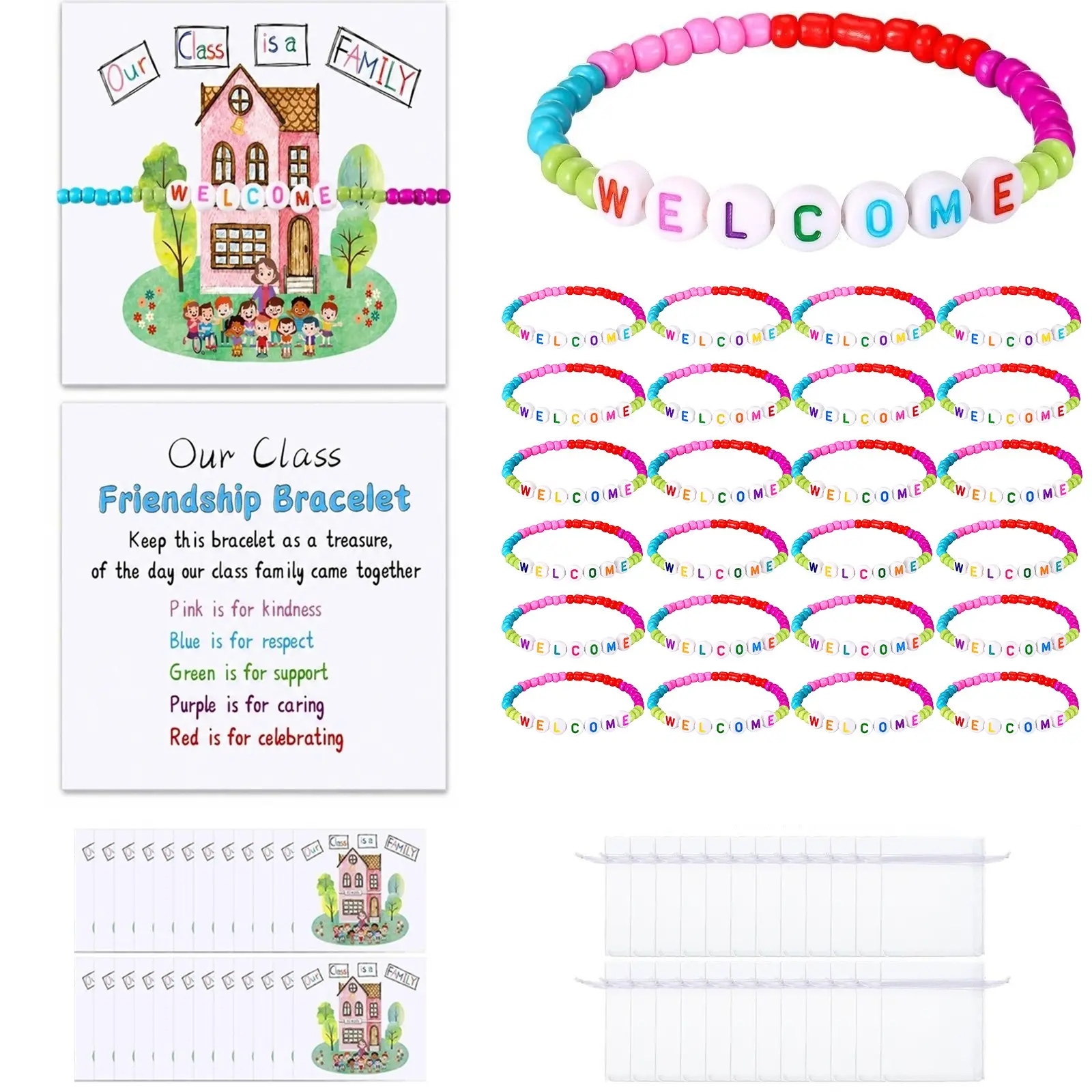 25 Sets Back to School Gifts for Students - Welcome Friendship Bracelets with Our Class Is a Family Cards & Gift Bags（Random Color）