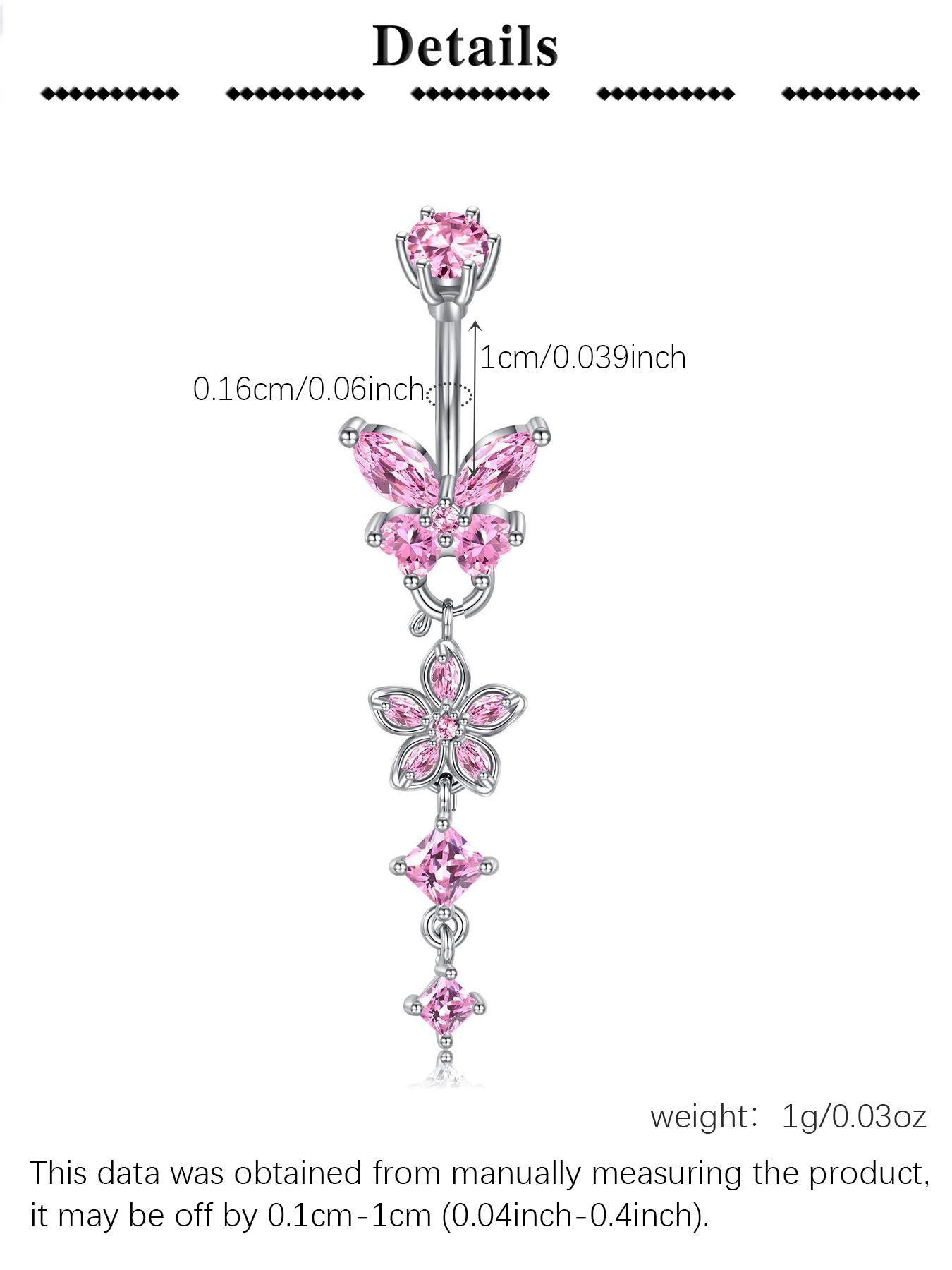 Detachable Flower Dangle Belly Button Ring Cute Butterfly Removable Belly Rings Stainteel Steel Navel Piercing Jewelry For Women, 10mm Silver Pink Purple Blue Belly Button Piercing Body Piercing 14Gauge