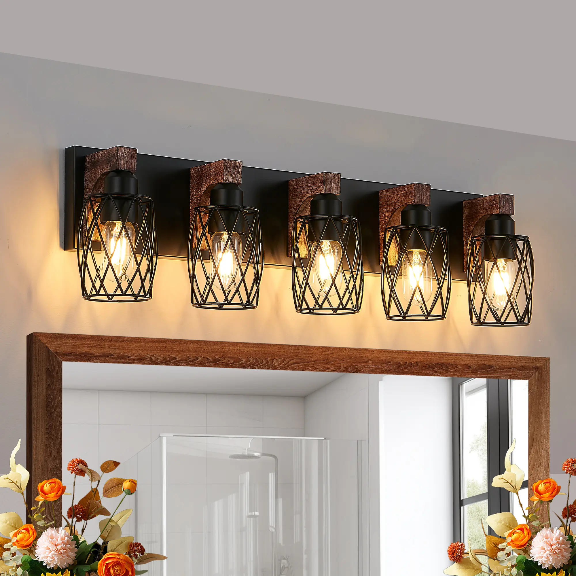 ARCH 31 Inch Industrial Vintage 5-Light Wall Sconce Black Cage Wall Lighting Fixture with Wooden Accents for Bathroom Hallway Living Room Bedroom Kitchen Entryway Corridor Staircase Farmhouse Decor Bulb Not Included, Home Furniture and Household