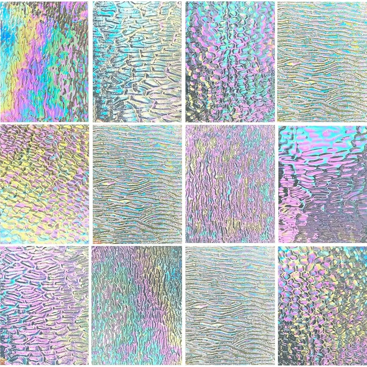 12 Sheets Iridescent Clear Stained Glass Sheet Variety Textures, 4 x 6 inch Transparent Cathedral Mosaic Glass for Crafts, Stained Glass Supplies for Art Glass Projects and Mosaic Work