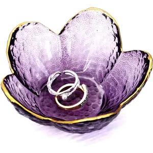 Purple Flower Ring Dish Jewelry Tray, Small Glass Trinket Tray for Rings Earrings, Present for Wife Mom Daughter WomenGift.