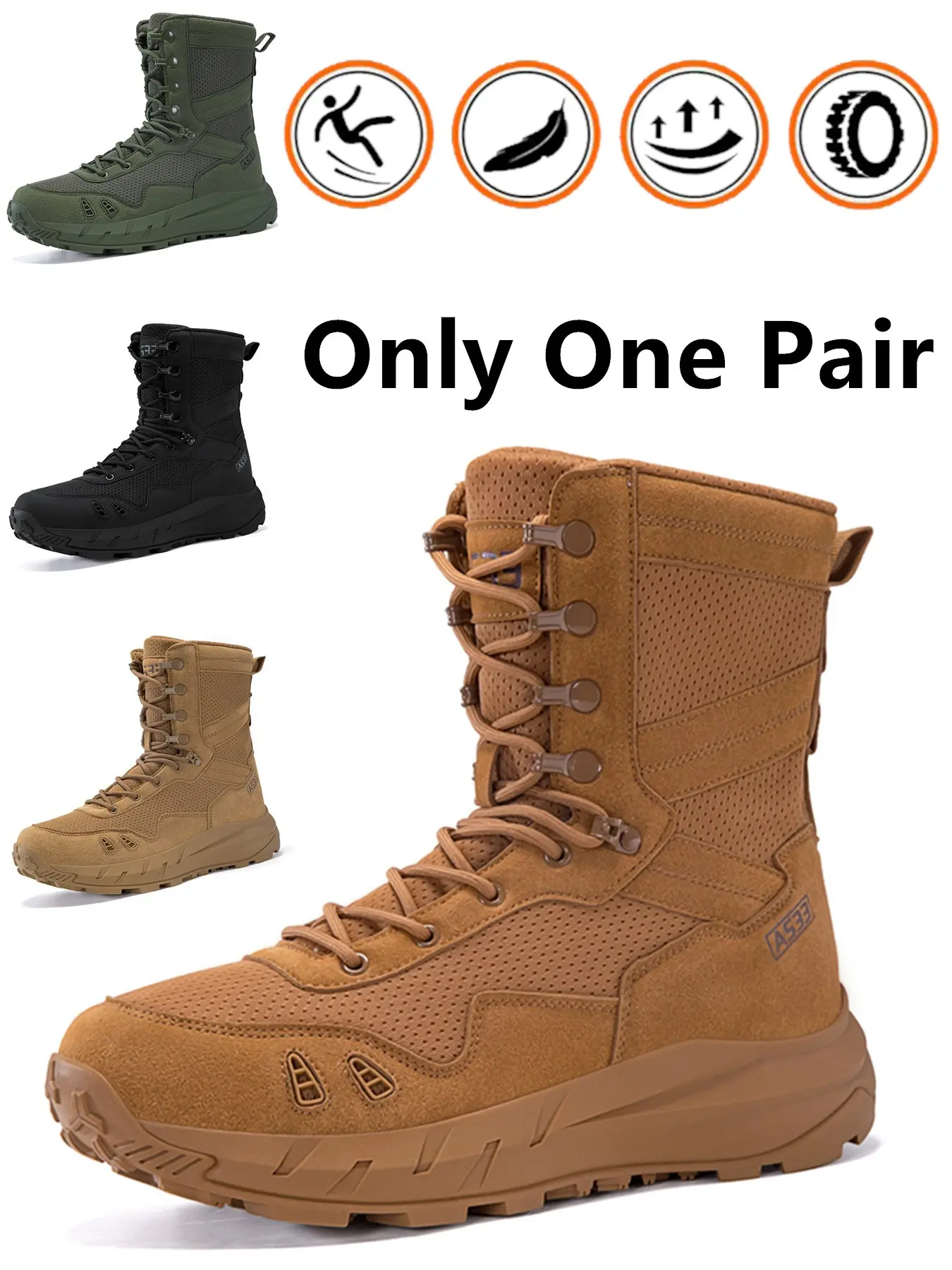 Men's All-Season Tactical Workwear Boots, Rugged Work Boots, Side Zipper, Rubber Sole, Breathable Mesh, Durable, Suitable for Desert, Jungle, Mountain Patrol