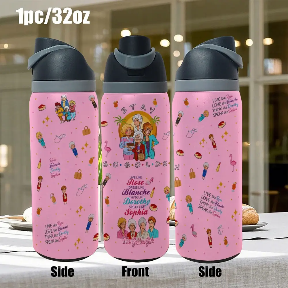 1pc 32oz 960ml 304 stainless steel water bottle the golden girls fan merch pink cartoon character printed sports drink bottle