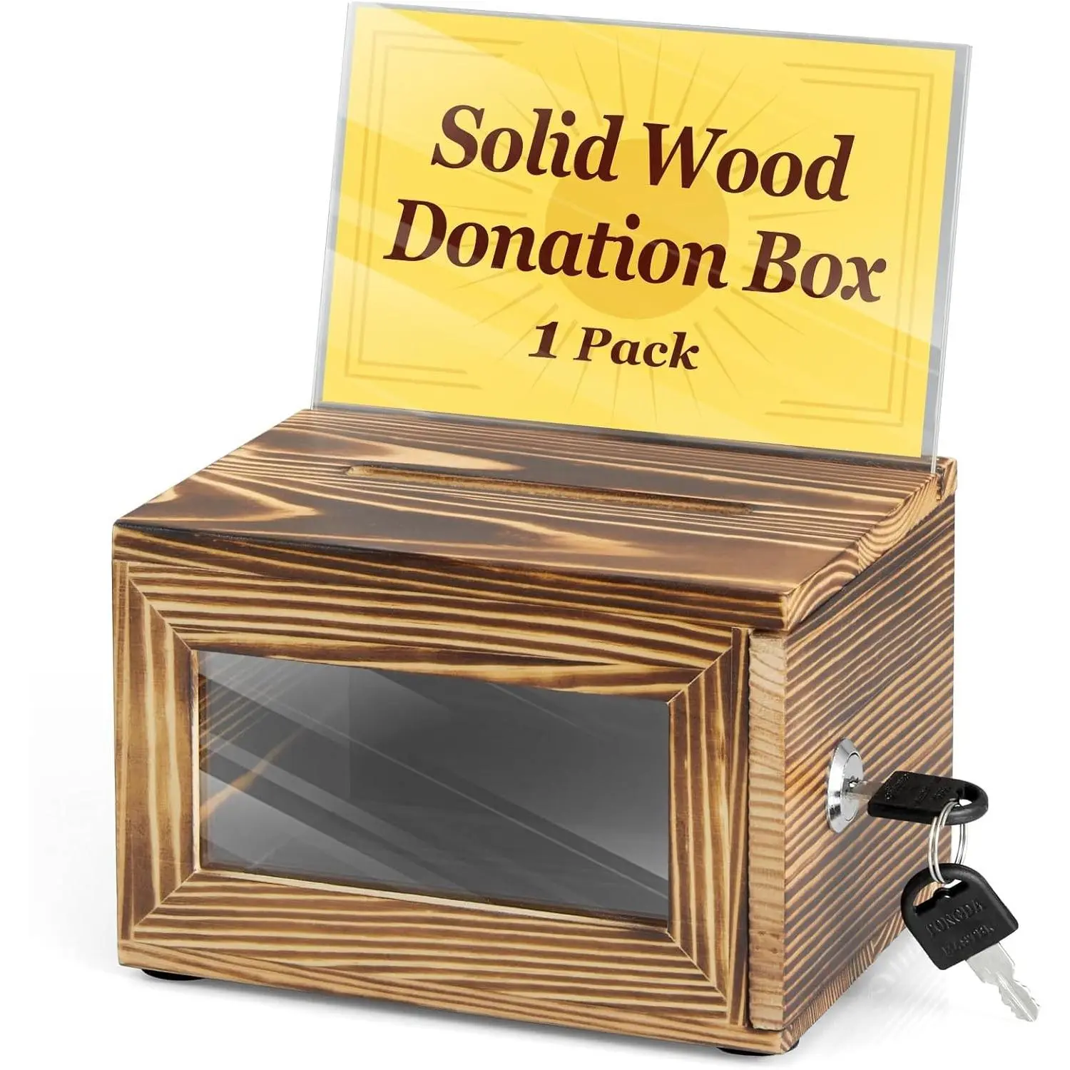 Small-Size Burnt Wood Donation Box with Slot Lock, Multi-Use Suggestion-Voting Tip Jar for Fundraising, Office Event Supplies
