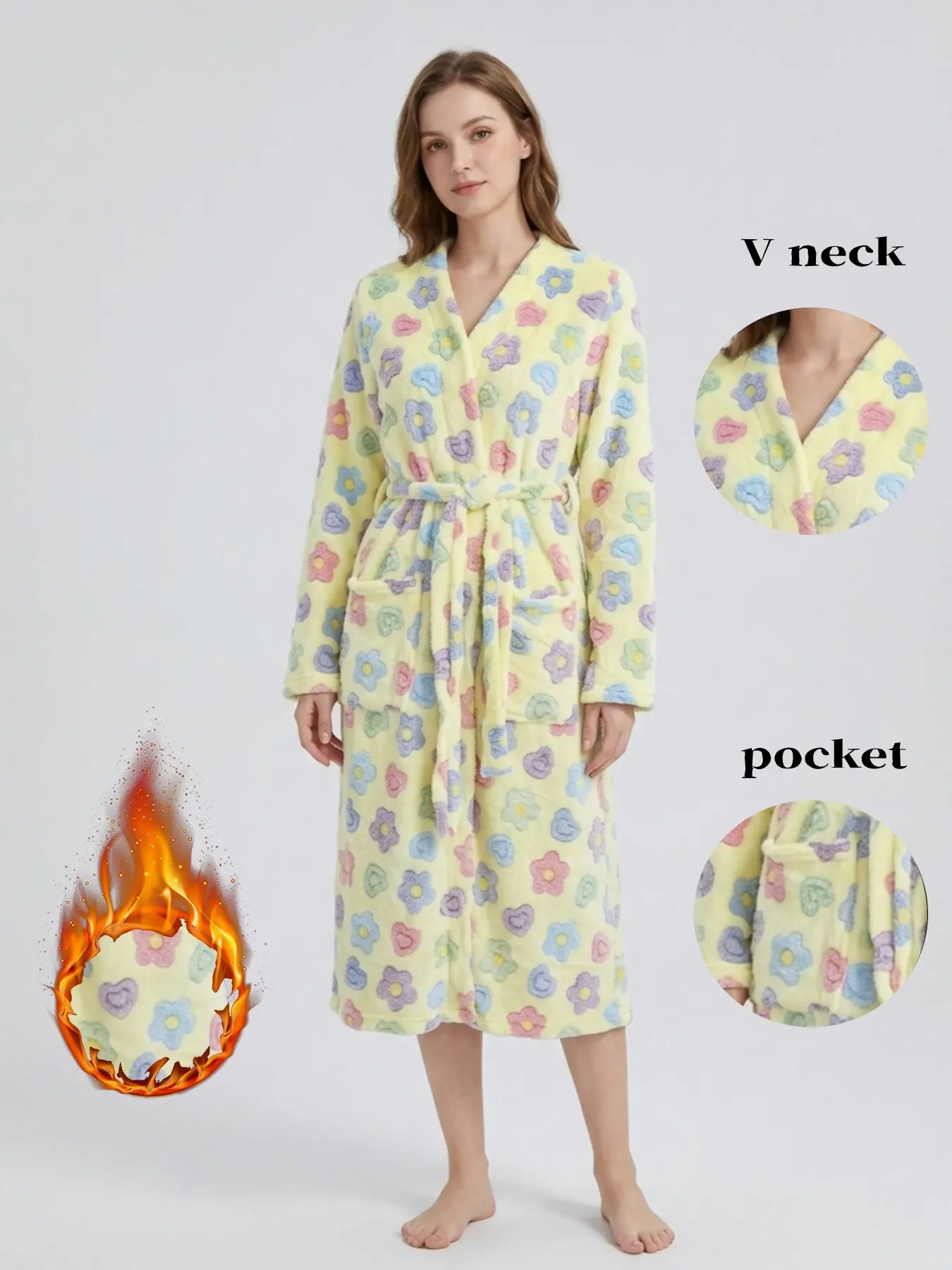 Women's Autumn Winter Floral Print Bathrobe, V-Neck Tie-Waist Loose Flannel Sleepwear, Long Sleeve with Pockets, Cozy Home Robe Loungewear