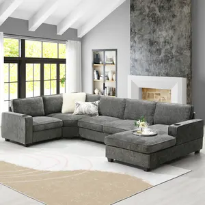 Aobtkel 119" U-Shaped 6-Seat Chenille Sectional Sofa Set, Corner Couch with Cup Holders, Oversized Chaise Lounge, Irregular Corner, Deep Wide Seats, Comfy for Living Room & Apartment