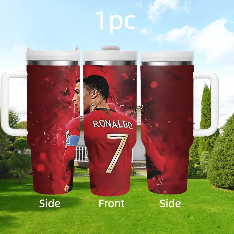 1pc Insulated Tumbler with Foldable Handle, 40oz/32oz Stainless Steel Travel Cup Bottles, Double Wall Vacuum Leakproof, Soccer Fan Gift for Men Women