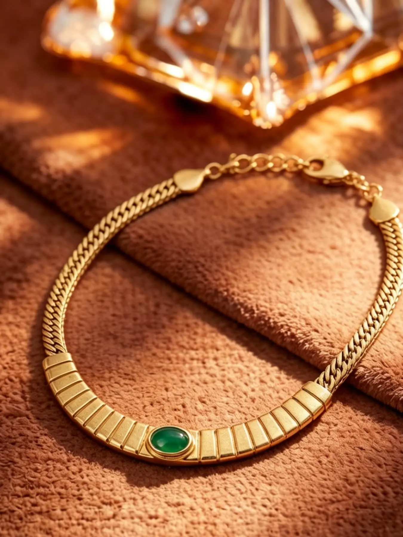 This vintage golden emerald choker necklace, with a matte gold feel and warm green chalcedony, exudes a luxurious retro atmosphere and is suitable for occasions such as dinners and commutes. It is also a surprising and exquisite small gift.