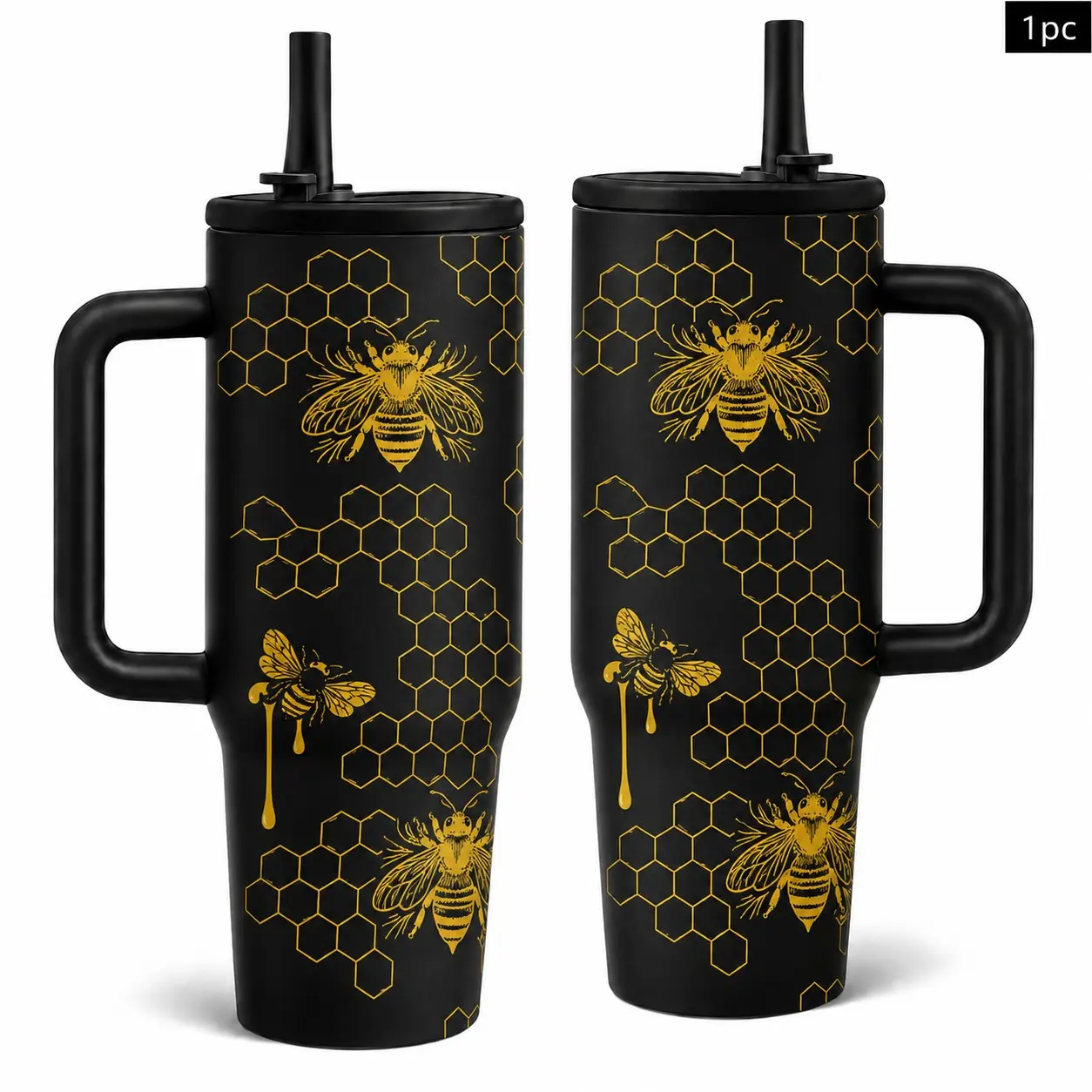 1pc 40oz/30ozBlack Gold Bee Honeycomb Tumbler With Handle Lid, Stainless Steel Insulated Travel Mug, Honey Bee Hexagon Pattern Water Cup, Gift For Bee Lovers Women Men Outdoor Car Coffee Cup