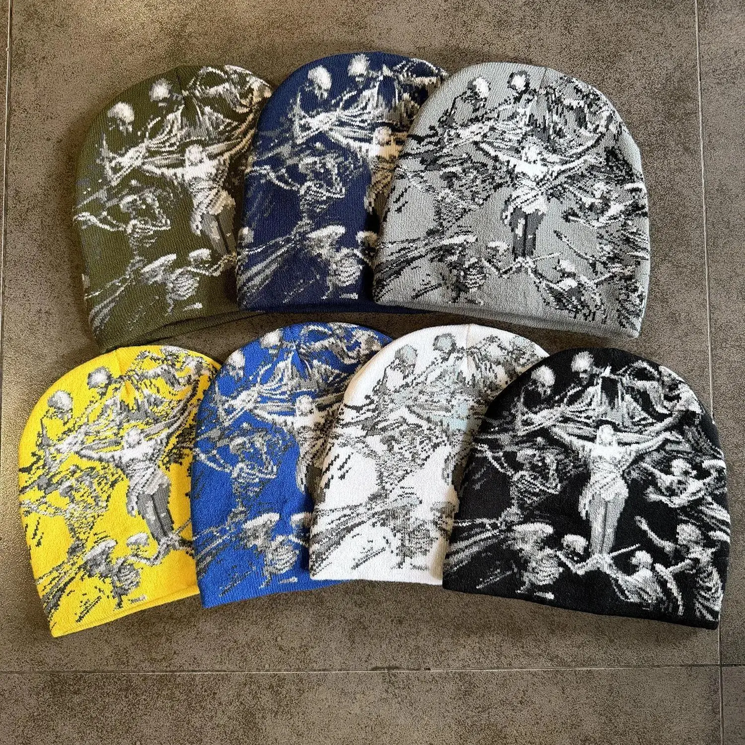 Y2K Graphic Knit Beanie Hat Aesthetic Streetwear Winter Cap Soft Stretch Jacquard Skull Cap Retro Skater Grunge Style Headwear Cozy Warm Outdoor Casual Unisex Headwear
