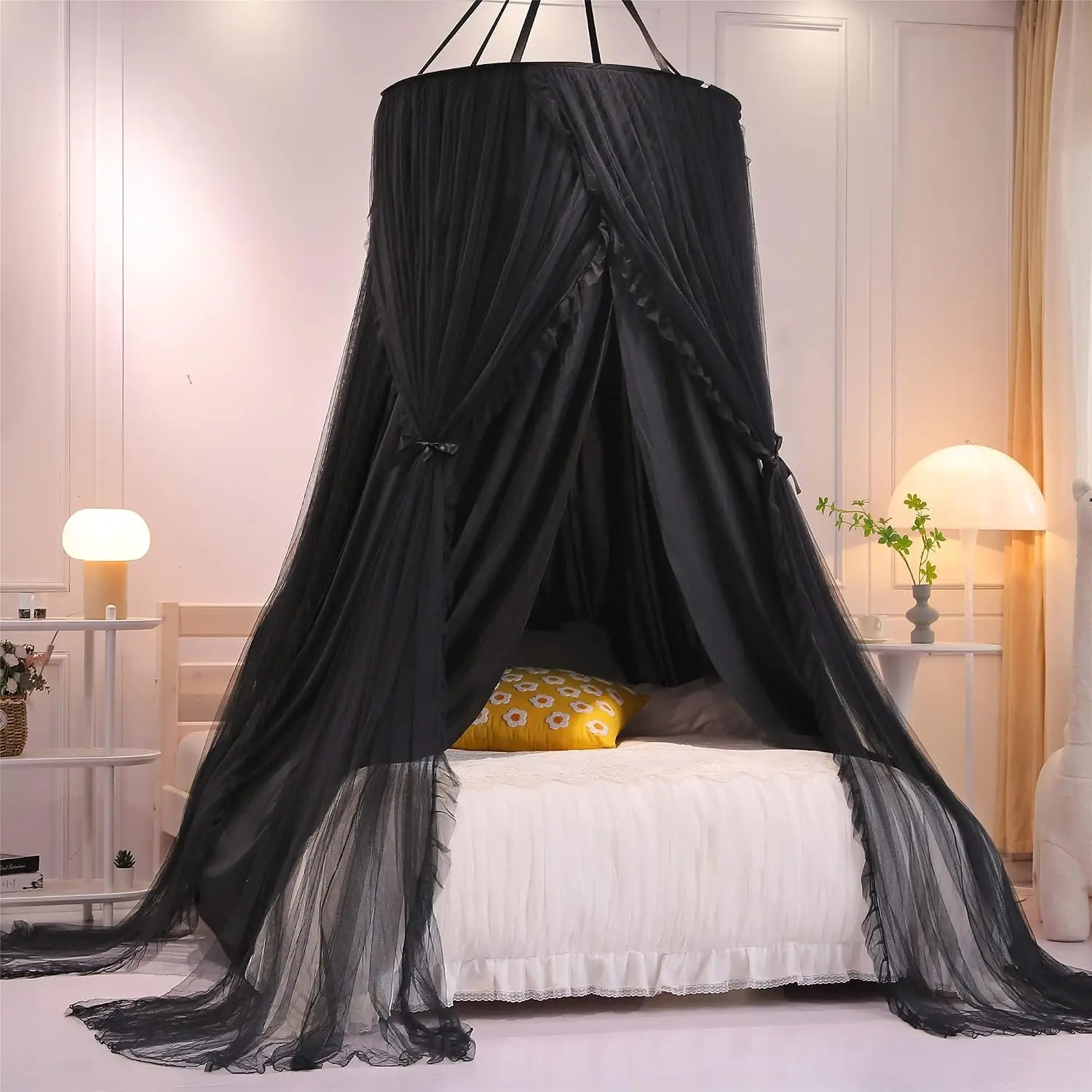 Double Layer Princess Round Dome Canopy Bed Curtain for Girls Adults, Children Dreamy Mosquito Net, Cute Bedroom Decoration Castle Play Tent Reading Nook Canopies (Dome-Double Black)