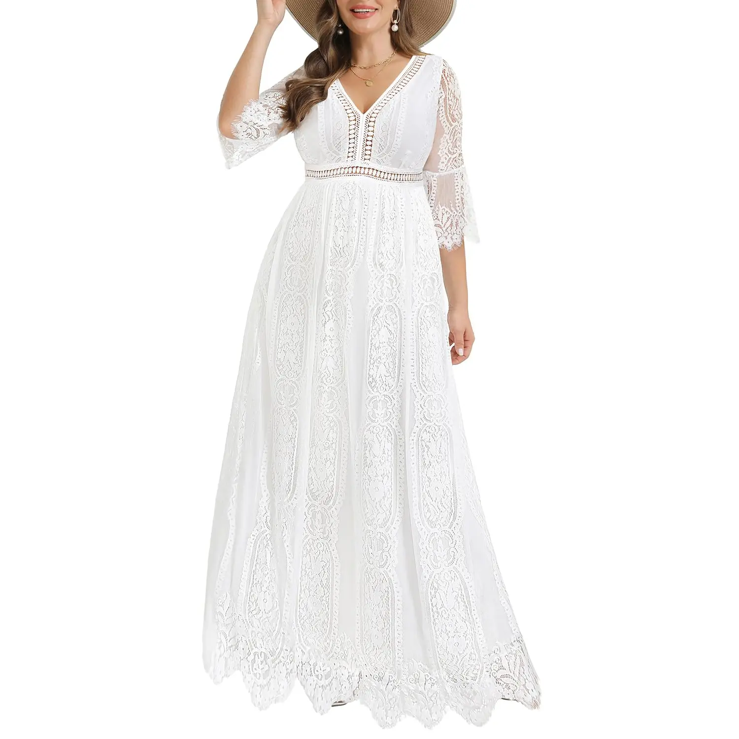 PINUP FASHION Women's Plus Size Pinup Maternity Hippie Cutout Lacy Floral V-Neck Flowy Boho Maxi Formal Wedding Dress for Parties, Wedding Dresses