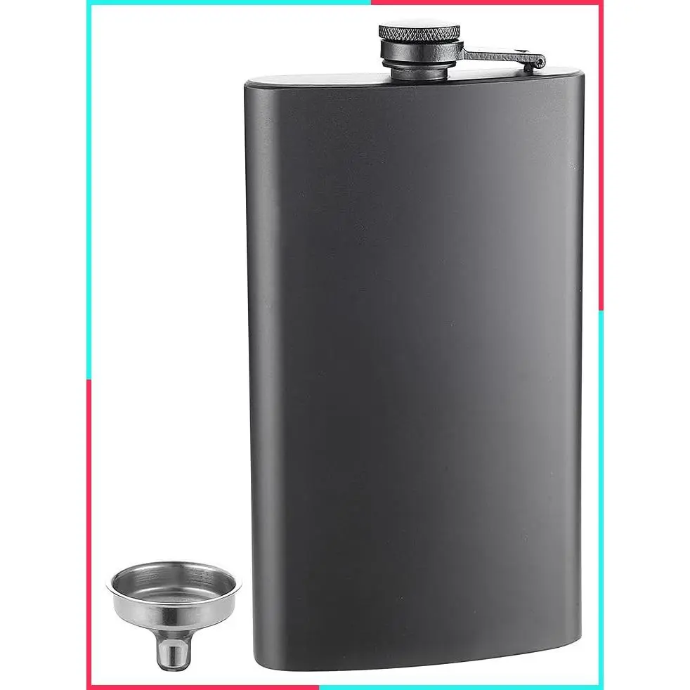 12 Oz 18/8 Stainless Steel Hip Flask for Liquor with Never-Lose Cap, Includes Leakproof Easy Pour Funnel, Matte Black