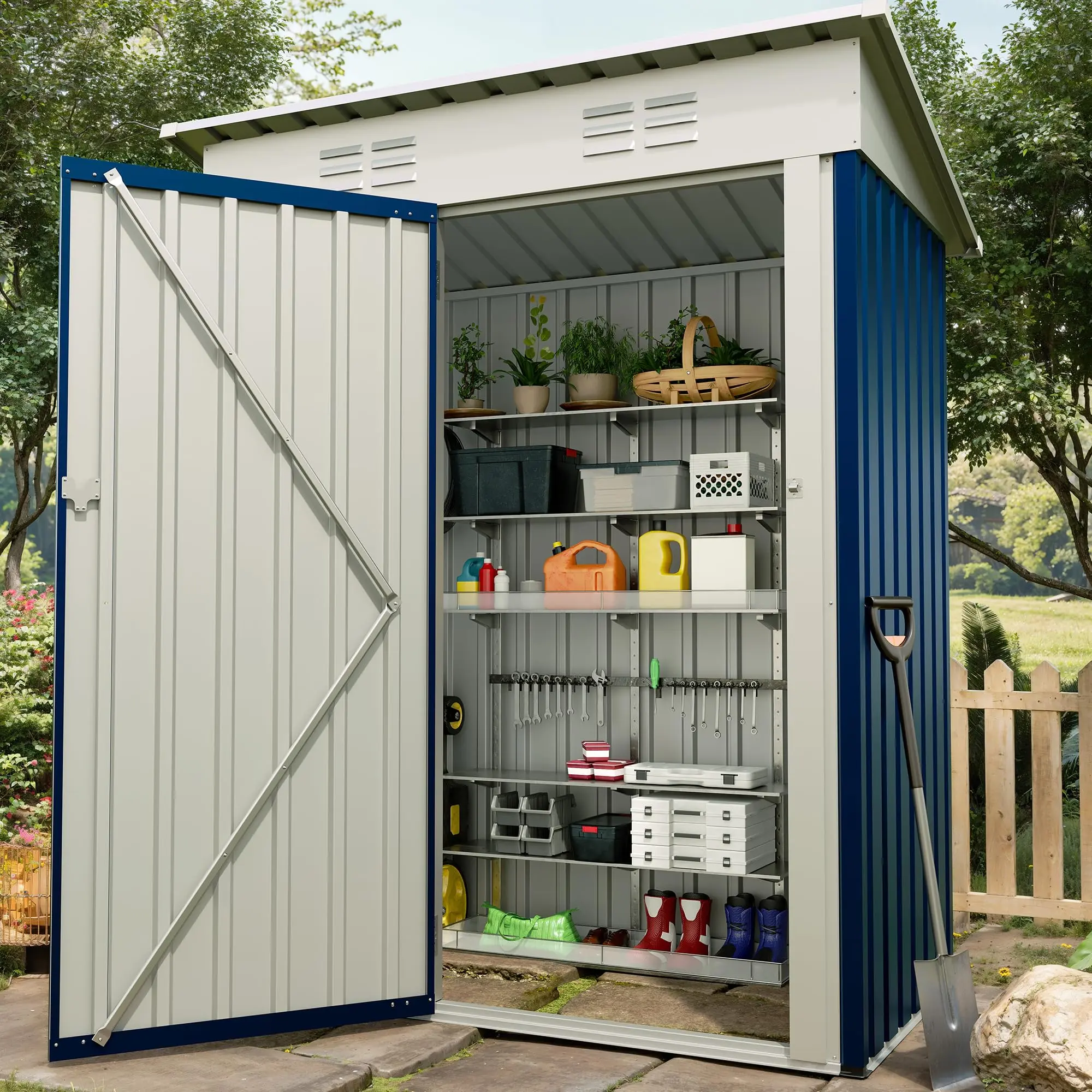 Galvanized Steel Outdoor Storage Cabinet - Heavy Duty, Durable & All-Weather Protection, Lockable Door, Sloped Roof, 1x Accessory Hardware Kit, 5x3 ft/60x35x72 in, Navy Blue/Dark Green/Khaki for Patio Backyard, 60 X 35 X 72 Inches