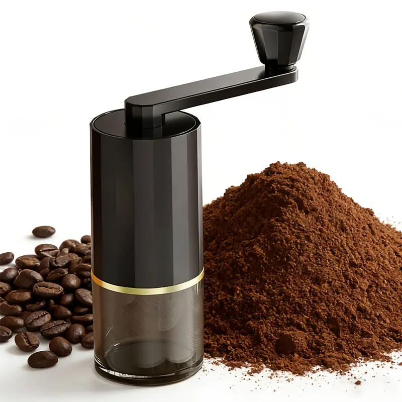 Mini Manual Coffee Grinder: A portable, hand-cranked coffee bean grinder featuring a conical burr design and an ergonomic handle—ideal for use while traveling, camping, or in the office, as well as for preparing espresso and pour-over coffee.