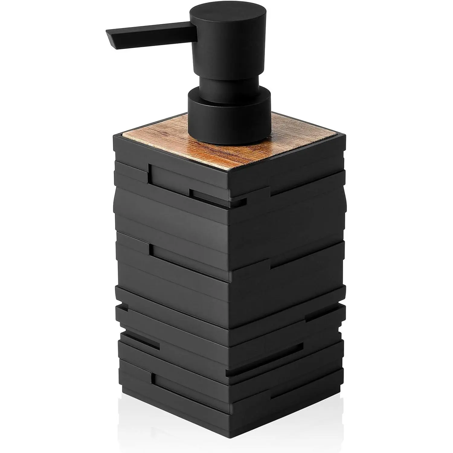 Matte Black Industrial Smooth Wooden Modern Teak Hand Soap Dispenser, 10 oz Square, for Bathroom & Kitchen Countertops