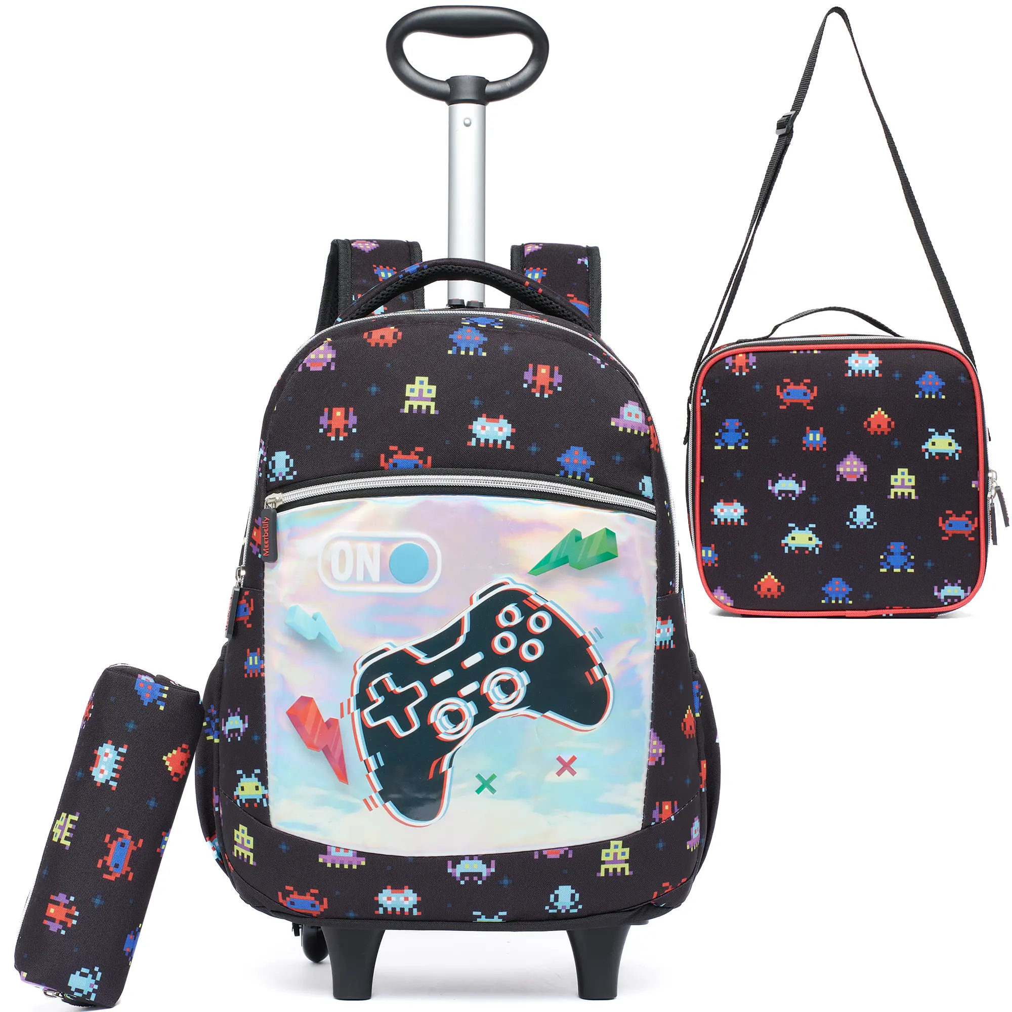 Boys' 3-Piece Cool Game Controller Rolling Backpack Set - Preppy Polyester Childrens Bag, Pixel Gamer Arcade Wheeled School Trolley, with Zipper Lunch Box, Multi-Use Pencil Case, Retro Holographic Design 2026