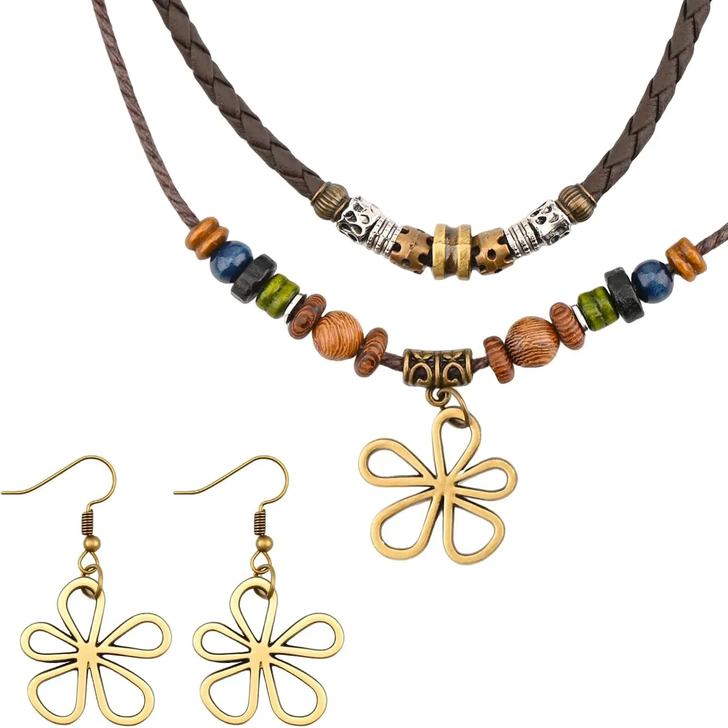 Layered Boho Necklace Earrings  Bead Hippie Choker Hollow Flower Charm Bohemian