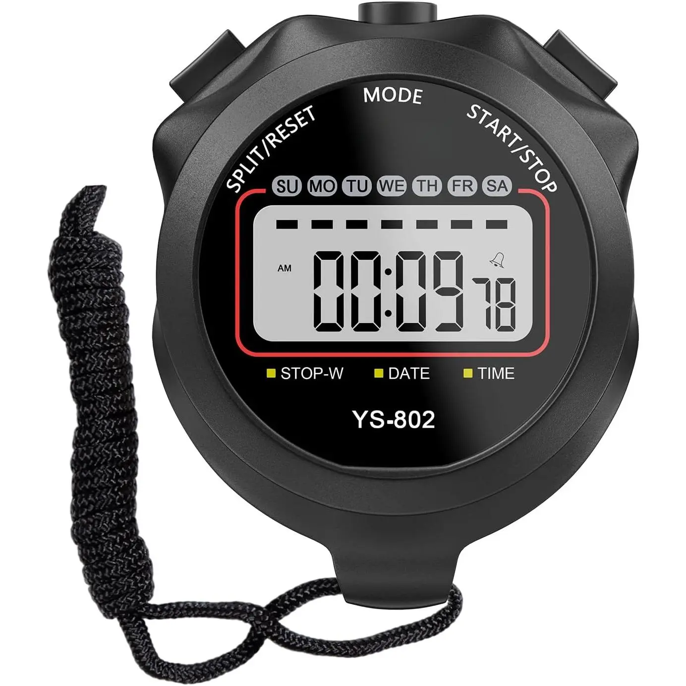 Digital Display Stopwatch Timer, Multi-Function Sports Stopwatch with Split Timing, Button Beep Alarm Clock, Coaching Aid for Track Sports, Black, Ideal for Coaches, Unisex, Compact