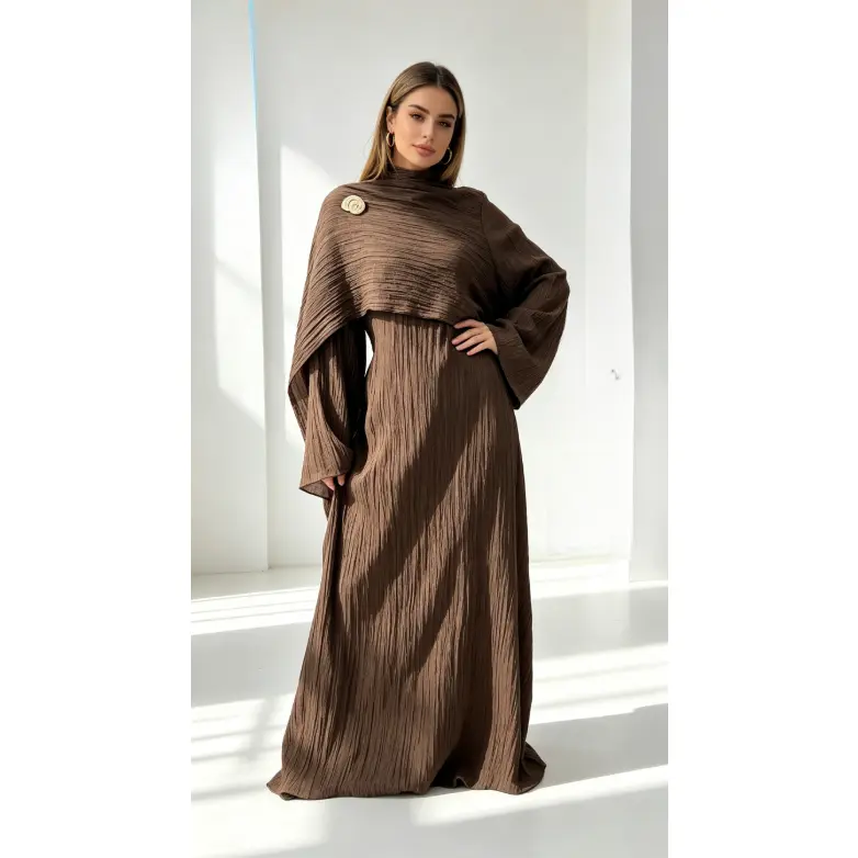 Elegant Modest Maxi Dress for Women, Crinkle Textured Crepe Gown with Asymmetrical Cape, Flowy Bell Sleeve for Church & Wedding Guest, Casual, Long Sleeve, Fabric, Flare Sleeve