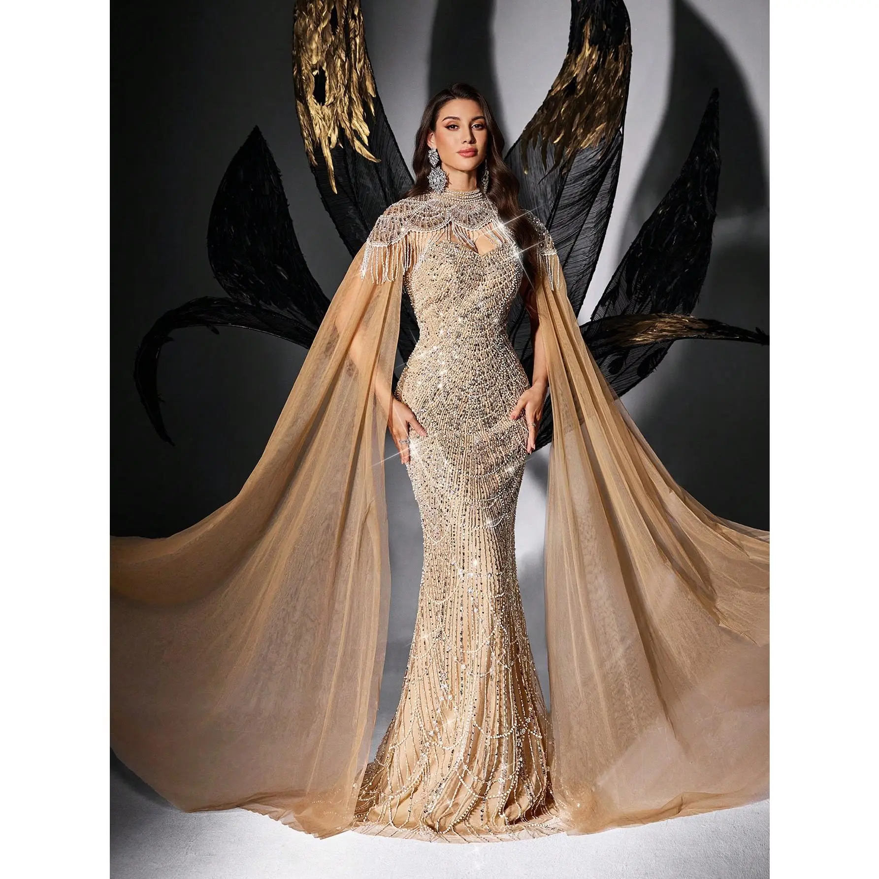 Women's High-Neck Rhinestone Mesh Mermaid Cut Maxi Dress - Sheer Flowing Cape Formal Gown, Hand Wash Bodycon Maxi Dress for Gala, Black-Tie Events