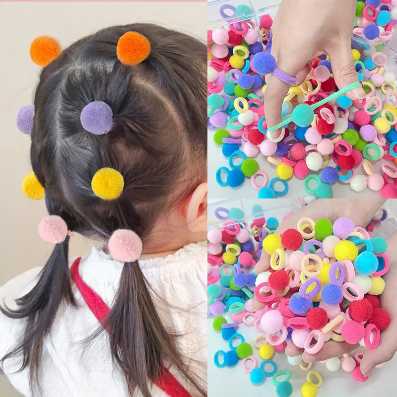 Female Girls' Funky Colorful Hairballs Hairband & Elastic Bands - 1-Size High-Elastic Cute Everyday Hair Accessories for School Use, One Size
