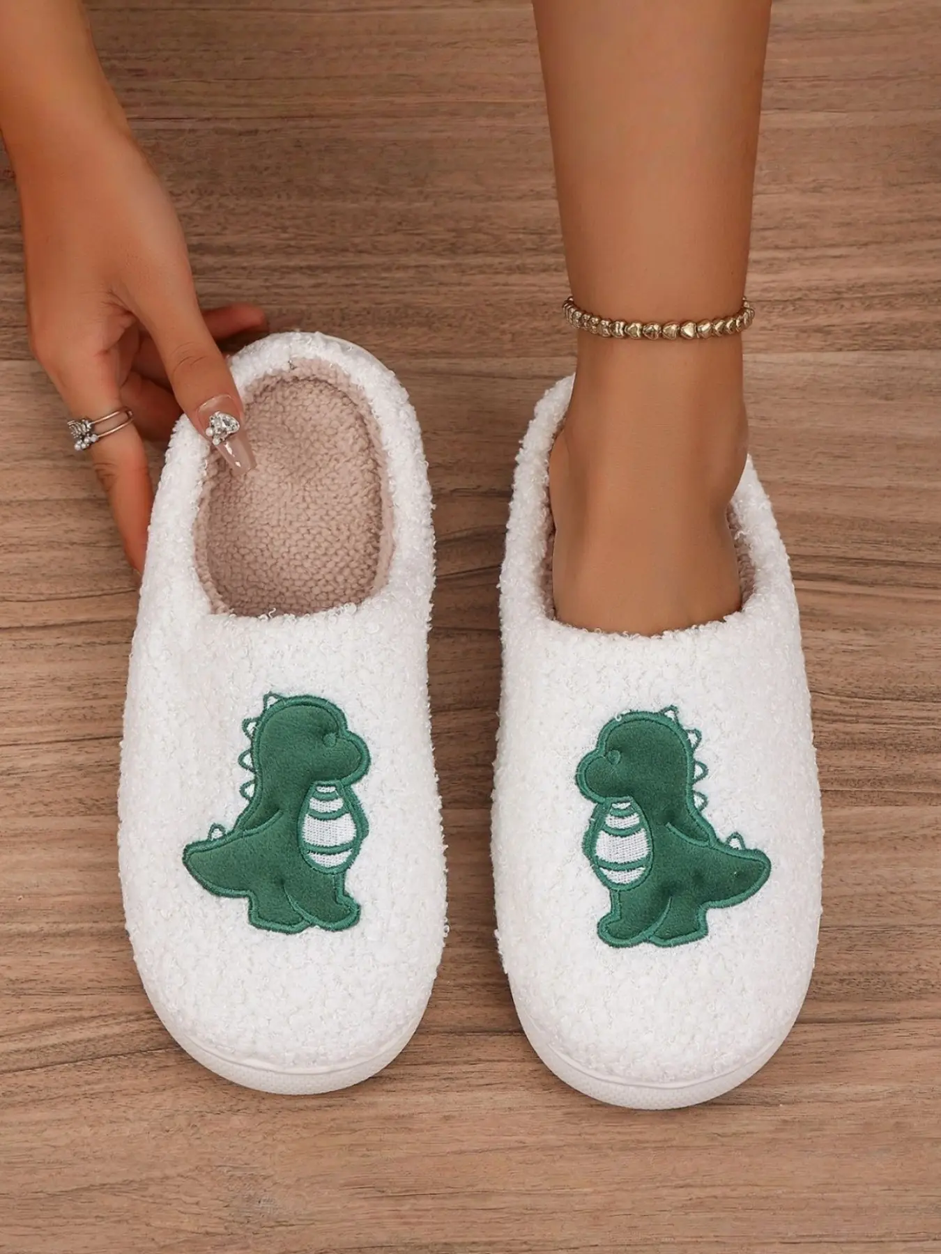 Women's Cartoon Dinosaur Plush Slippers, Soft Textile Material, Warm Lining, Non-Slip Rubber Sole, Cute Design, Fall Winter Home Shoes