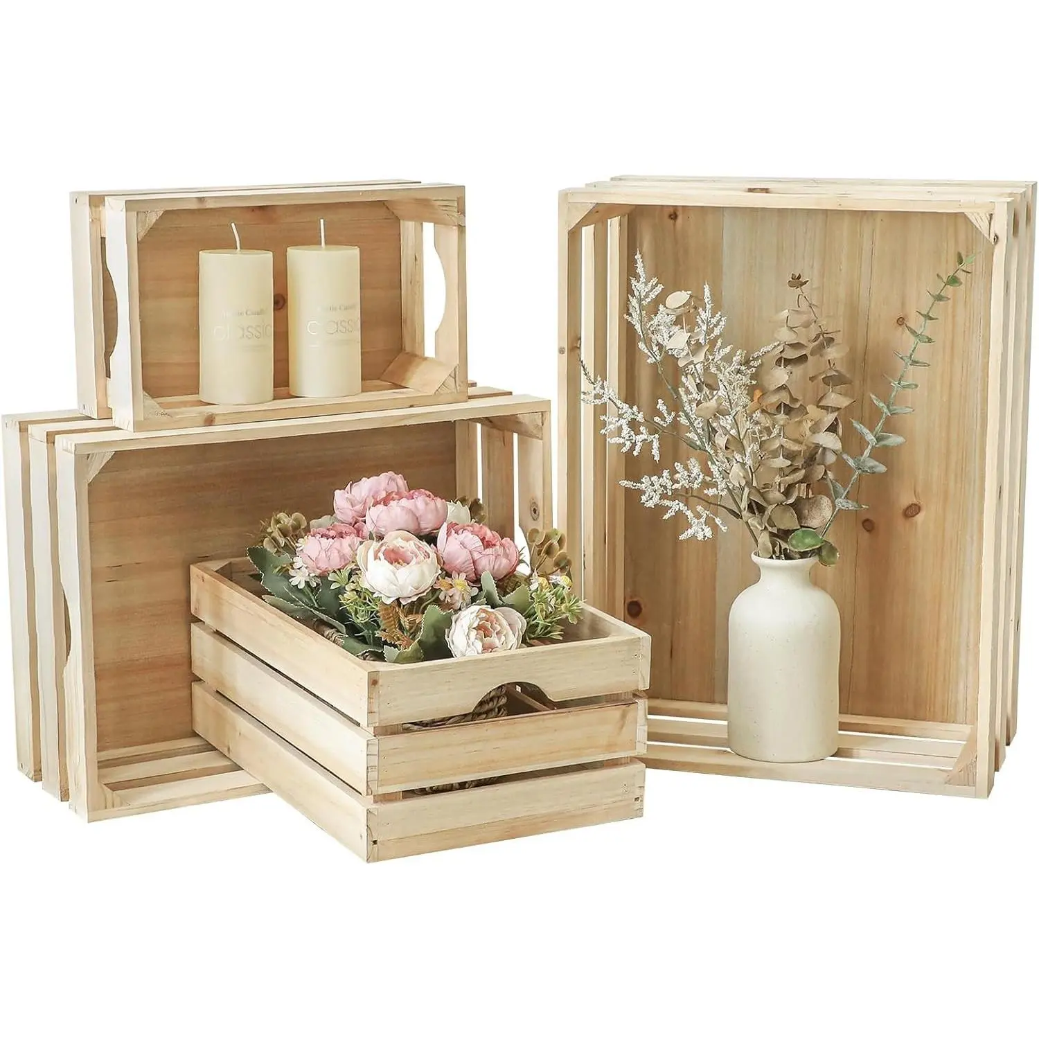 Large Wooden Crates Unfinished Set of 4 Storage Crates, Decorative Wood Storage Crate for Display Rustic, Nesting Wooden Container Boxes Made from 100% Wood